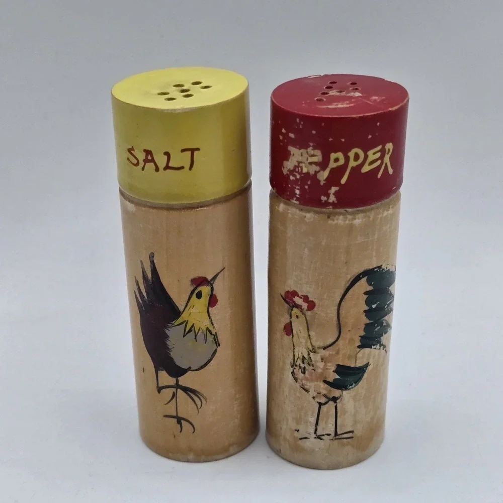 Vintage Salt & Pepper Shakers Red Yellow Wood Cylindrical with Chicken Design